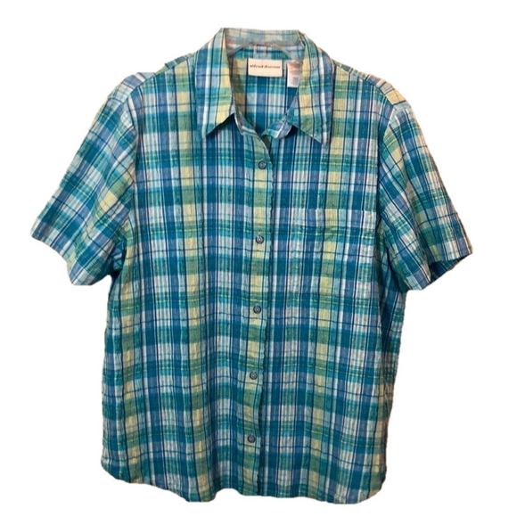 ALFRED DUNNER SZ 16 Blue Plaid Seersucker Button Down Short Sleeve  Cotton Blend - Picture 1 of 9